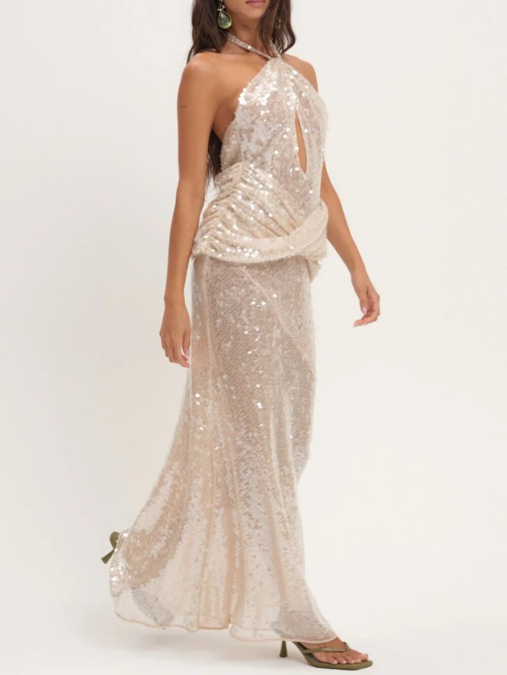 NEW $349 FOR LOVE AND LEMONS SYDNEY SEQUIN HALTER MAXI DRESS SIZE M - Picture 2 of 15